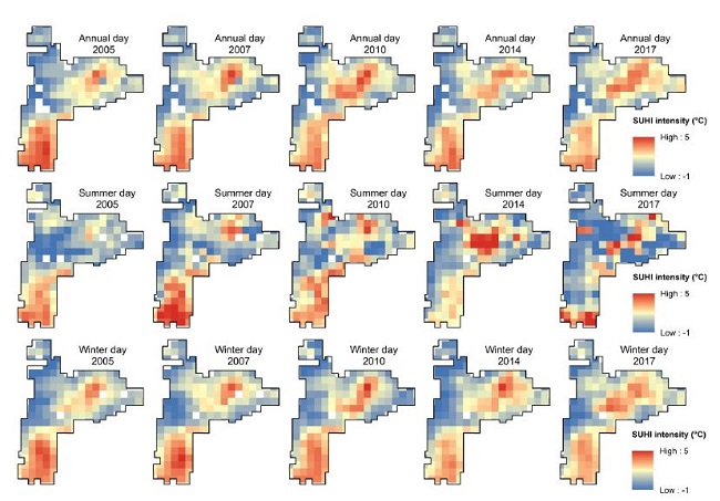 Distribution of the annual day and seasonal (wet and dry) SUHI during the daytime in Metropolitan Region of Bel&eacute;m. 