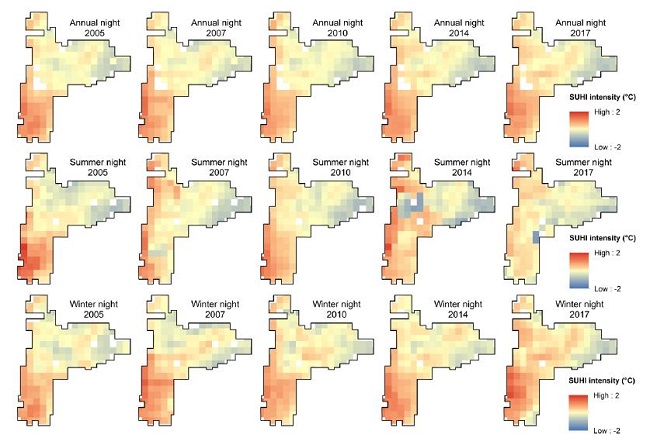 Distribution of the annual night and seasonal (wet and dry) SUHI during the nighttime in Metropolitan Region of Bel&eacute;m.