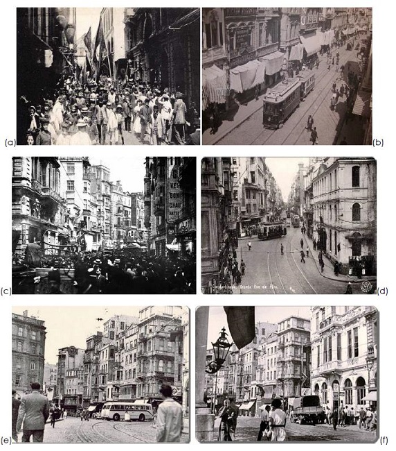 (a) Istiklal Street after the declaration of Constitutionalism II in 1908 (left above) (Sargut Gelen, 2019); (b) Istiklal Street in the 1910s (right above) (Eskiistanbul, 2019); (c) Istiklal Street after the foundation of the Turkish Republic in 1923 (left middle) (Bellek.beyoglu.bel., 2012); (d) Istiklal Street in the 1930s (right middle) (Aristeia, 2021); (e) Istiklal Street in the 1940s (left below) (Wowturkey, 2015); (f) Istiklal Street in the 1950s (right below) (Pinterest, 2019).