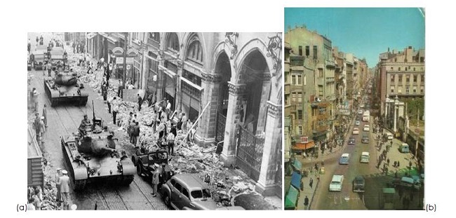 (a) Istiklal Street after 6-7 September 1955 Events (left) (Haberturk, 2013); (b) Istiklal Street in the 1960s (right) (Steemit, 2020).