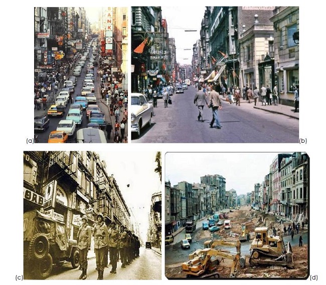 (a) Istiklal Street in the 1970s(left above) (Twitter, 2020); (b) Istiklal Street in the early 1980s (right above) (Listelist, 2017); (c) Istiklal Street in the time of 1980 Turkish Coup d'&Eacute;tat (left below) (Listelist, 2014); (d) the construction works of Tarlabası Boulevard parallel to Istiklal Street in 1986 (right below) (Jaddeyekabir, 2012). 
