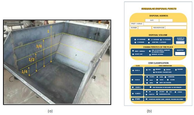 (a) Internal division of a container with a volume of 5m3, showing how much approximately &frac14; container, &frac12; container, &ndash; container and 1 container are equivalent. (b) Form used to record information related to the inappropriate disposal sites. 