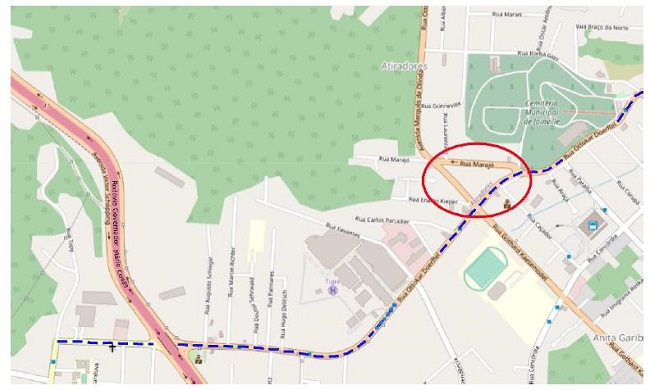 Per&iacute;metro urbano de Joinville com a indica&ccedil;&atilde;o de onde foi realizada a altera&ccedil;&atilde;o na Rua Ottokar Doerffel. 