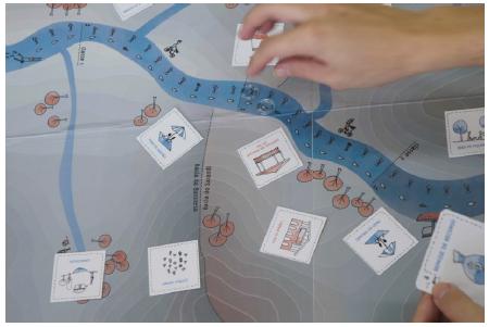 Tabuleiro do Jogo, cartas atividades, marcadores de poluição e nível da água.