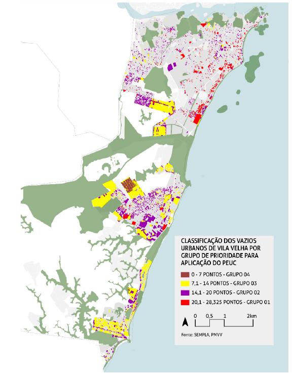 Vazios urbanos de Vila Velha por grupos de prioridade para aplicação do PEUC.