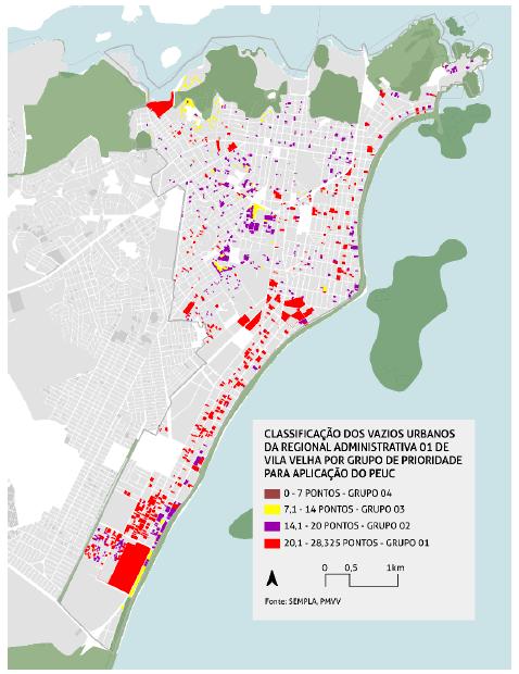 Vazios urbanos da Regional Administrativa 1 de Vila Velha por grupos de prioridade para aplicação do PEUC.
