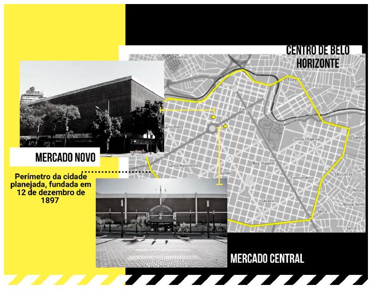 Localiza&ccedil;&atilde;o geogr&aacute;fica do Mercado Novo e do Mercado Central no per&iacute;metro da &aacute;rea planejada para ser a cidade de Belo Horizonte. 