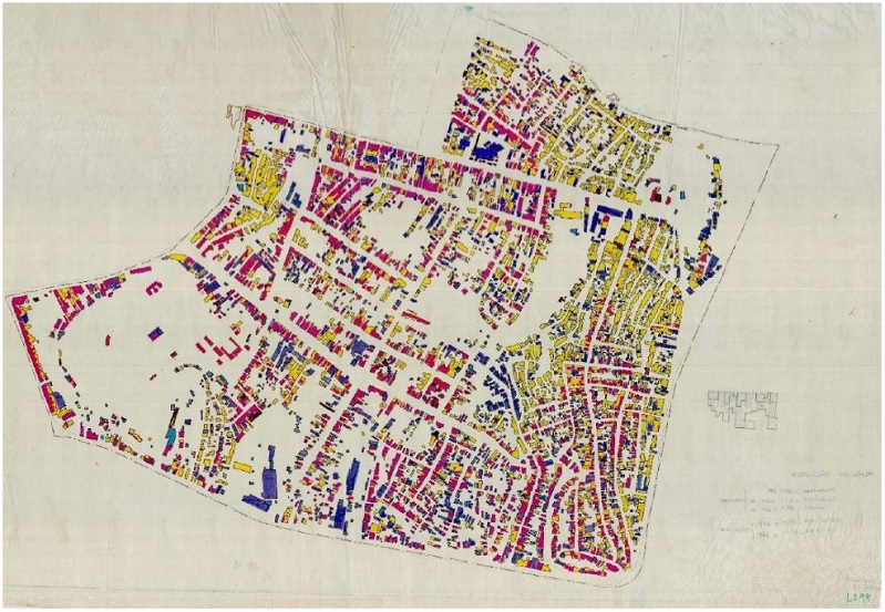 &ndash; O mapa mostra a evolu&ccedil;&atilde;o urbana do bairro do Pau Mi&uacute;do, com indica&ccedil;&atilde;o de constru&ccedil;&otilde;es desde pelo menos a d&eacute;cada de 1940. Fonte: acervo do arquiteto Sylvio Sawaya.