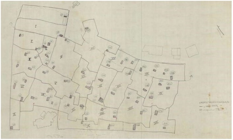 &ndash; Mapa com indica&ccedil;&atilde;o de divis&atilde;o do Brongo do Pau Mi&uacute;do com indica&ccedil;&atilde;o de casas que tiveram levantamento de medidas - o levantamento indica um olhar cuidadoso para o que se apresentava. Fonte: acervo do arquiteto Sylvio Sawaya.