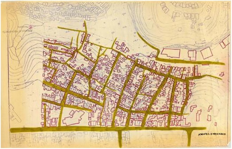 &ndash; Mapa com indica&ccedil;&atilde;o da morfologia no Brongo do Pau Mi&uacute;do. Fonte: acervo do arquiteto Sylvio Sawaya.