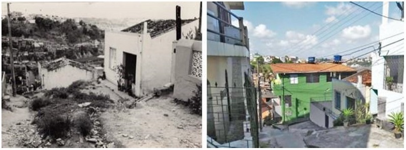 Fotos de trecho da Ladeira Osvaldo Gordilho, do levantamento do Brongo do Pau Mi&uacute;do. Na imagem, mostra-se o limite de onde se pode acessar sem salvo-conduto das fac&ccedil;&otilde;es que hoje dominam o bairro. Fonte: imagem &agrave; esquerda - acervo do arquiteto Sylvio Sawaya; imagem &agrave; direita &ndash; fotografia tirada pelos autores em 2018.
