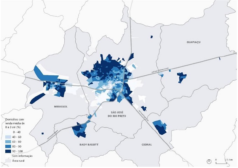 - Concentra&ccedil;&atilde;o de domic&iacute;lios com renda entre zero e tr&ecirc;s sal&aacute;rios m&iacute;nimos nas &aacute;reas urbanas dos munic&iacute;pios da ACP-SJRP por setor censit&aacute;rio.