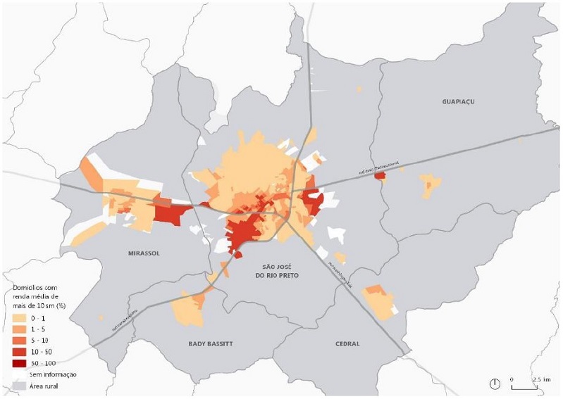 - Concentra&ccedil;&atilde;o de domic&iacute;lios com renda superior a dez sal&aacute;rios m&iacute;nimos nas &aacute;reas urbanas dos munic&iacute;pios da ACP-SJRP por setor censit&aacute;rio. Fonte: Censo Demogr&aacute;fico de 2010 do IBGE. Elaborada pelos autores (2021).