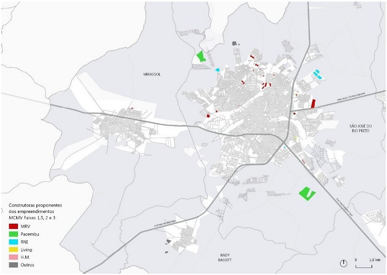 - Empreendimentos Faixas 1,5, 2 e 3 do PMCMV contratados por PJ na ACP-SJRP entre 2009 e 2019, identificados por construtora. Fonte: SNH/MDR. Elaborada pelos autores (2021).