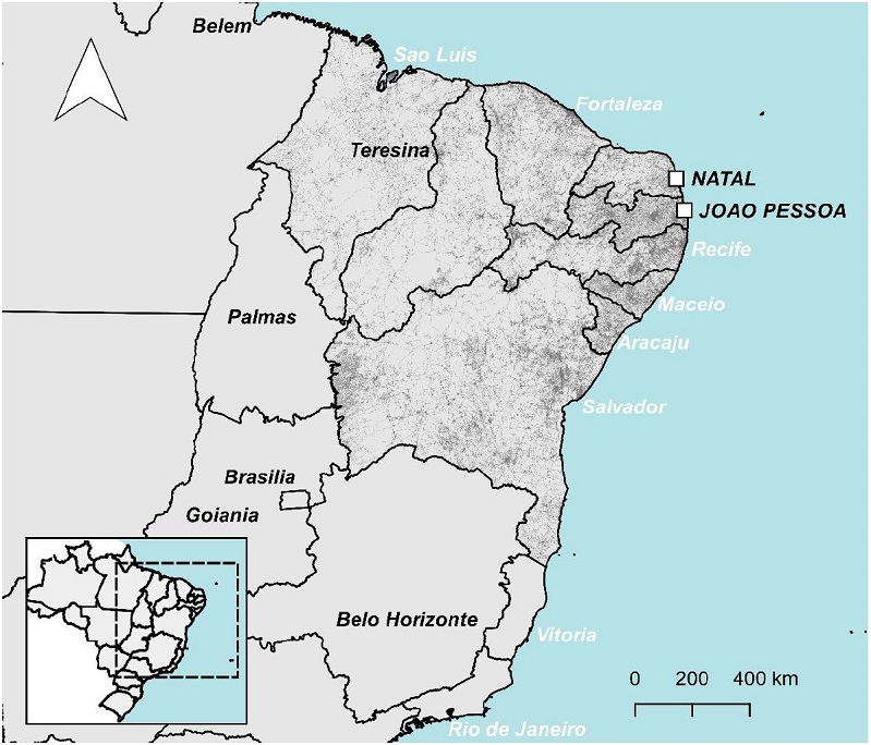 &ndash; Brazil state divisions and OSM RCL-North-east Road network showing state capitals, highlighting studied cities. Source: Authors (2022) over IBGE base2 (2020) and OSM RCL Goefabrik database3 (2020).