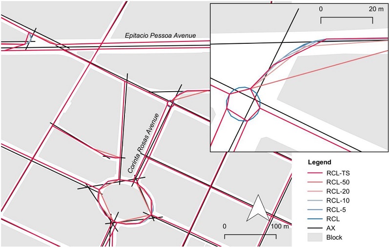 &ndash; Axial model and modes of RCL route representations. Source: Authors (2022) over blocks from Jampa em Mapas4 municipal website (2020).