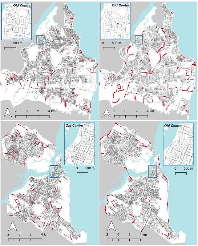 &ndash; NAIN R400m highlighting segments with 2.2 or higher values for Joao Pessoa (up) and Natal (down), for AX (left) and RCL-TS (right). Source: Authors (2022).