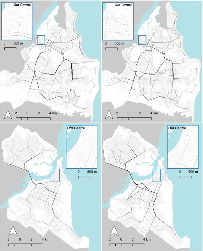 &ndash; Betweenness centrality for Joao Pessoa (up) and Natal (down) for AX (left) and RCL-TS (right) models. Source: Authors (2022).