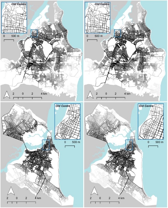 &ndash; Closeness centrality for Joao Pessoa (up) and Natal (down) for AX (left) and RCL-TS (right) models. Source: Authors (2022).