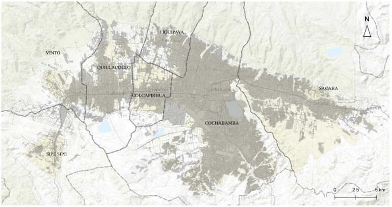 - Área metropolitana de Cochabamba. Fuente: Autores con base en información SIGED-INE (2020)