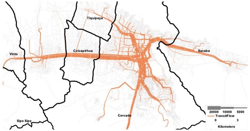 - Flujos de transporte en la región metropolitana de Cochabamba. Fuente: PMMMUS (2015).
