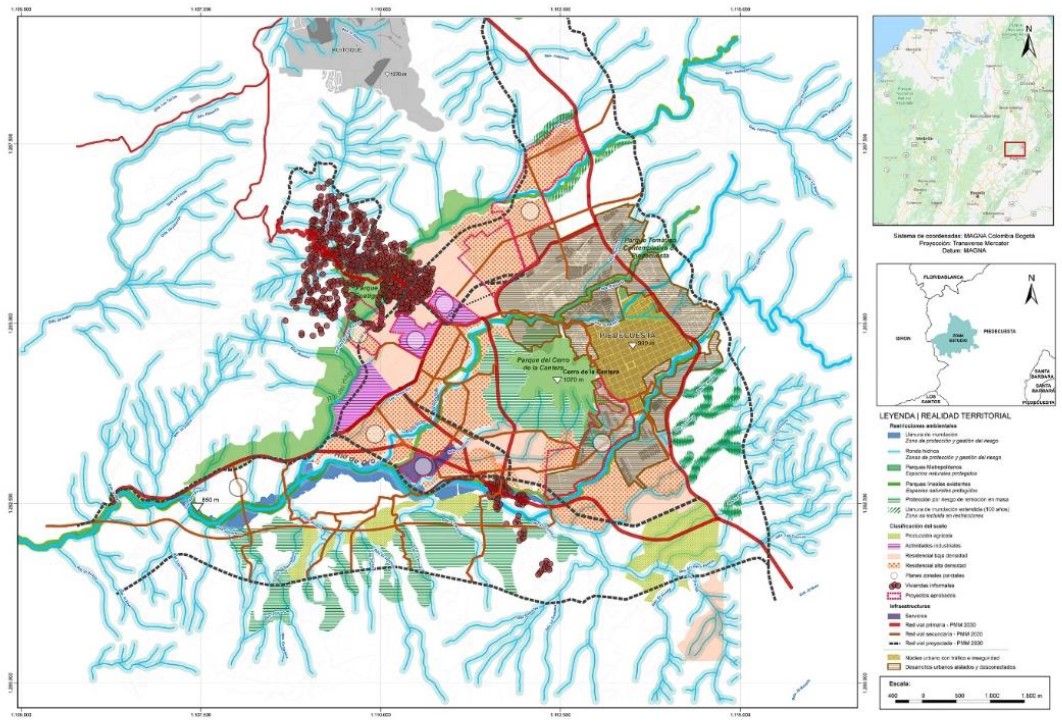 – Análisis de la realidad urbano-territorial del Valle de Guatiguará. Desde la red hídrica superficial en azul claro, aparece la articulación de los nuevos desarrollos en naranja si es uso residencial y violeta si es industrial. En gris la ciudad existente, y en rojo en diseminado, las viviendas informales que se localizan en la llanura de inundación del Rio de Oro al sur, y en la ladera de los arroyos. Fuente: Elaboración propia (2020).