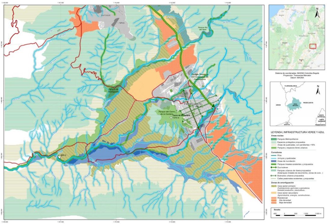 - Resultado del equilibrio de usos urbanos y rurales de acuerdo con la metodología de planeamiento territorial en base a la infraestructura verde y azul. En naranja los suelos residenciales en continuidad con los existentes y fuera de las llanuras de inundación. En pardo, suelos agrícolas con algunas industrias agro-alimentarias en violeta. En verde la estructura de espacios protegidos verdes en la escala territorial y calles verdes en la escala urbana. En azul toda la red hídrica superficial del valle de Guatiguará. Fuente: Elaboración propia (2020).