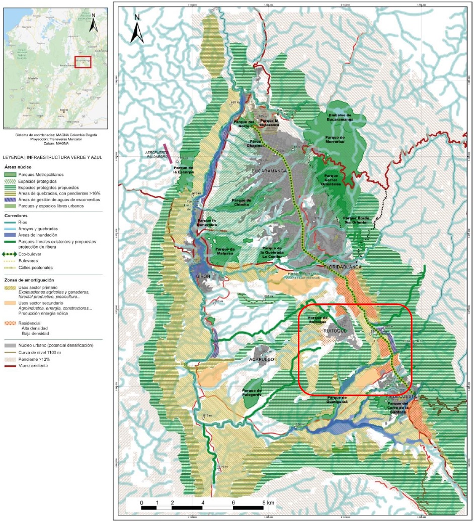 - Determinación de los componentes de la infraestructura verde y azul en la escala del Área Metropolitana de Bucaramanga. En el recuadro el valle de Guatiguará ahora en su contexto de gran escala. La ciudad de Bucaramanga al norte, en gris, queda enmarcada entre los cerros orientales y los ríos, con un conjunto significativo de parques urbanos que quedarán enlazados por calles y corredores verdes. Fuente: Elaboración propia (2020).
