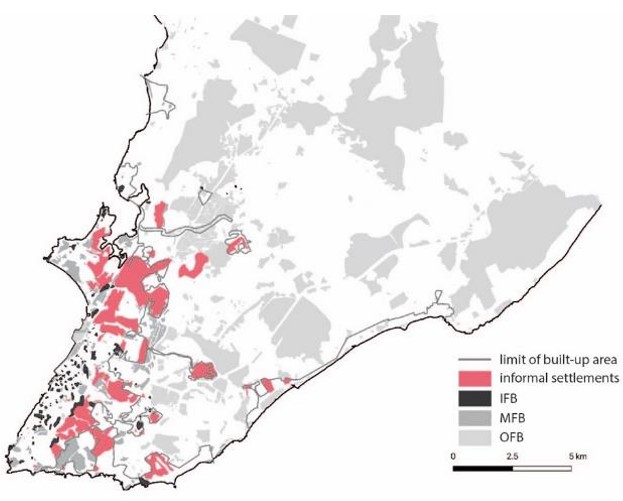 - Limits of the built-up area, Inner, Middle, and Outer fringe belts and informal settlements around 1960s.