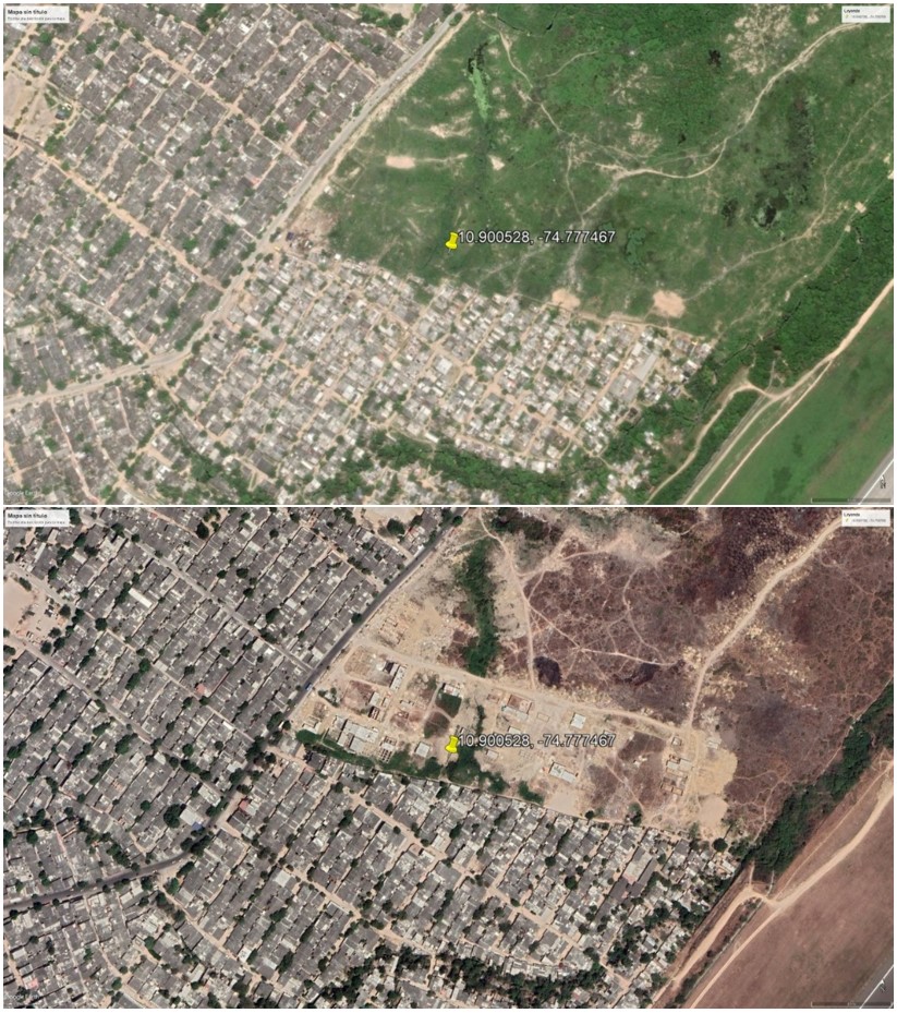 - Cambios en la cobertura vegetal y degradación del suelo ocupado por el asentamiento informal Ciudad Cortissoz (Localización geográfica: 10.900528, -74.777467) entre los años 2011 (Arriba) y 2021 (Abajo). Fuente: Autores (2021).