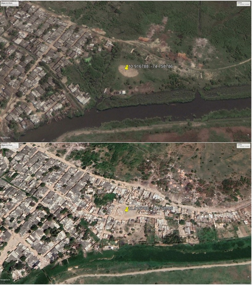 - Cambios en la cobertura vegetal y degradación del suelo ocupado por el asentamiento informal 12 de octubre (Localización geográfica: 10.916788, -74.758786) entre los años 2011 (Arriba) y 2021 (Abajo). Fuente: Autores (2021).