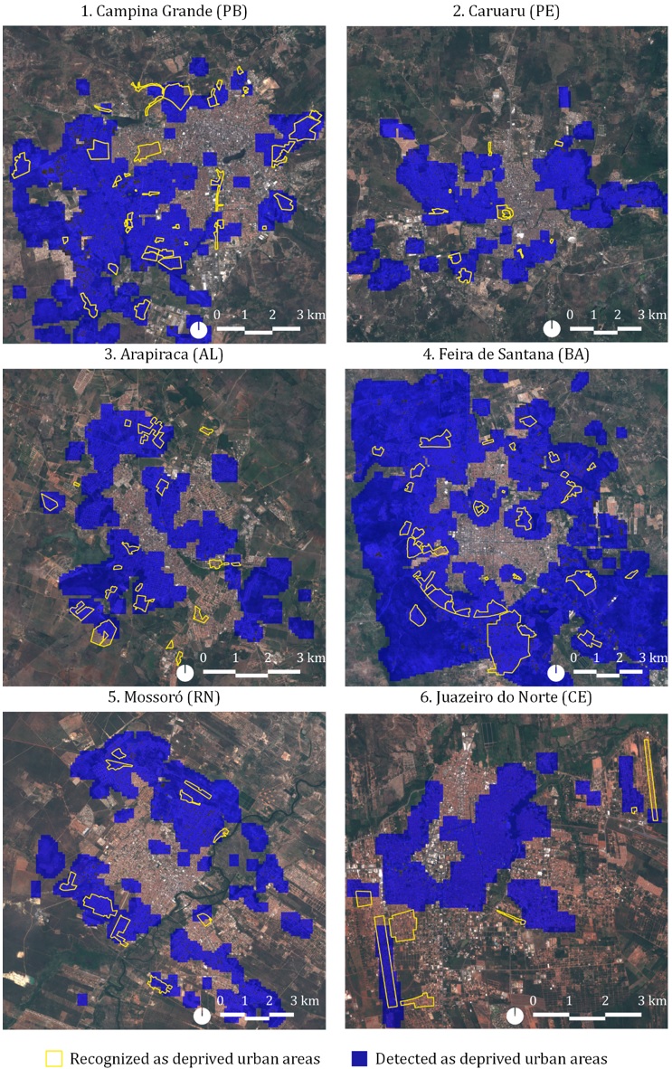 - Spatialization of the areas detected as deprived (blue) from the classification overlapping the areas recognized as deprived (hatches in yellow) and the urban legislation of the 6 municipalities. Source: Classification in Sentinel-2 images, authors (2021).