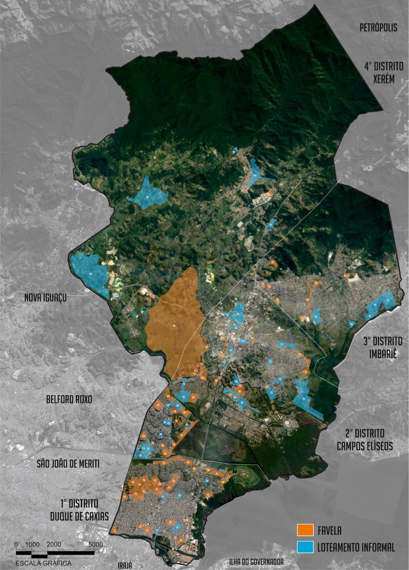 - Mapa de Assentamentos Informais no Munic&iacute;pio de Duque de Caxias. Fonte: Elabora&ccedil;&atilde;o dos autores, 2022.