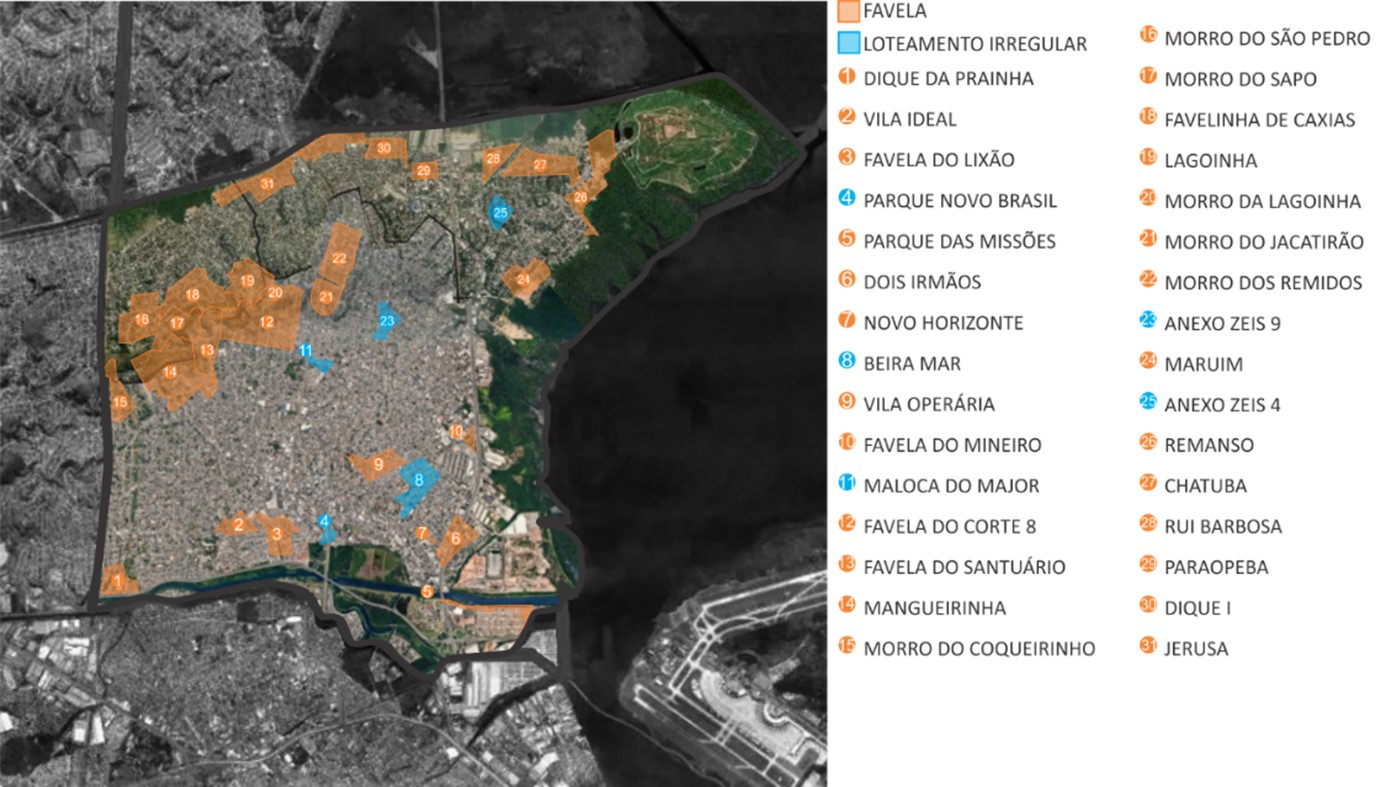 - Mapa de Assentamentos Informais do 1&ordm; distrito Duque de Caxias. Fonte: Elabora&ccedil;&atilde;o dos autores, 2020.