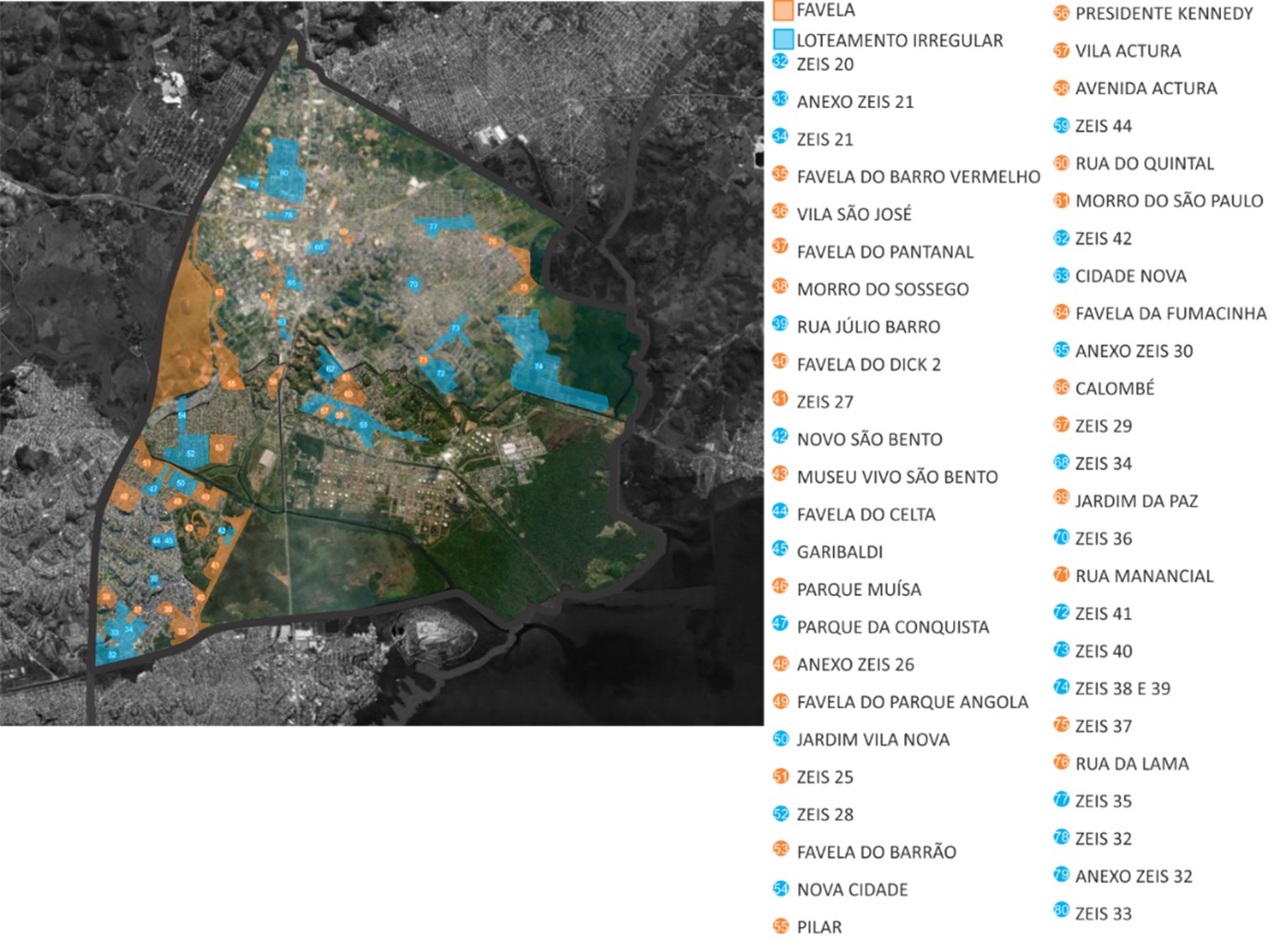 - Mapa de Assentamentos Informais do 2&ordm; distrito Campos El&iacute;seos. Fonte: Elabora&ccedil;&atilde;o dos autores, 2020.