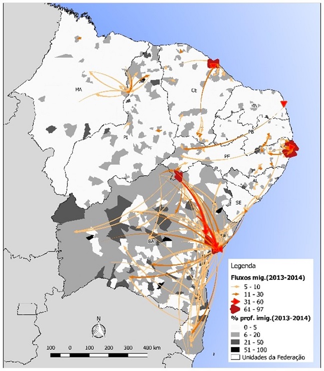 - Nordeste. Fluxos migratórios intermunicipais e proporção de professores que migraram entre 2013 e 2014. Fonte: Microdados do Censo Escolar do INEP (2013 e 2014). Elaboração própria.