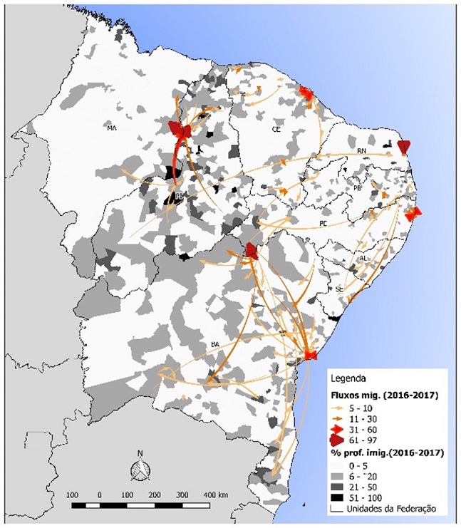 - Nordeste. Fluxos migratórios intermunicipais e proporção de professores que migraram entre 2016 e 2017. Fonte: Microdados do Censo Escolar do INEP (2016 e 2017). Elaboração própria.