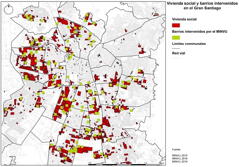 Distribución de la vivienda social y de los barrios intervenidos por el MINVU en el Gran Santiago.