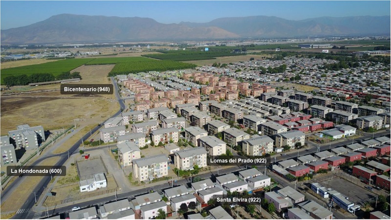 Fotografía aérea de localización de Lomas del Prado y cantidad de unidades habitacionales por conjunto.