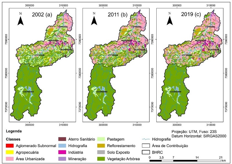 &ndash; (a) Uso e ocupa&ccedil;&atilde;o da terra em 2002; (b) Uso e ocupa&ccedil;&atilde;o da terra em 2011; (c) Uso e ocupa&ccedil;&atilde;o da terra em 2019. Fonte: Elaborado pelos autores.