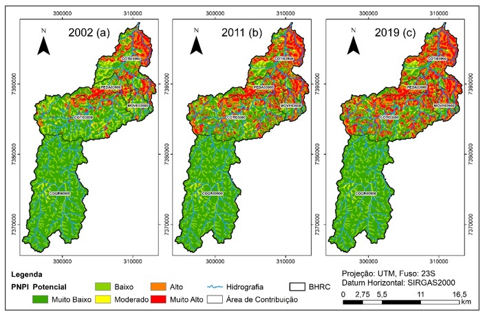 &ndash; Distribui&ccedil;&atilde;o espacial do potencial de polui&ccedil;&atilde;o difusa (PNPI) na Bacia Hidrogr&aacute;fica do Rio Cotia (BHRC) em 2002 (a), 2011 (b) e 2019 (c). Fonte: Elaborado pelos autores.
