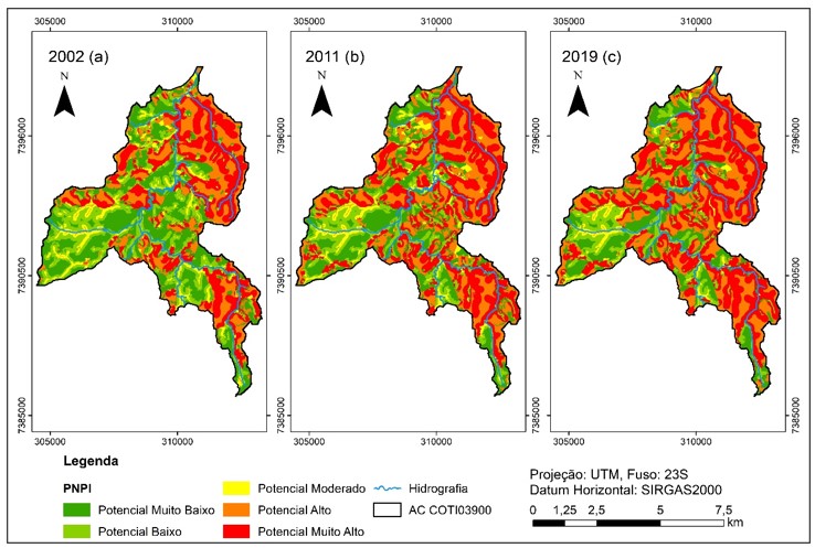 - Distribui&ccedil;&atilde;o espacial do potencial de polui&ccedil;&atilde;o difusa (PNPI) na &aacute;rea de contribui&ccedil;&atilde;o (AC) COTI03900 em 2002 (a), 2011 (b) e 2019 (c). Fonte: Elaborado pelos autores.