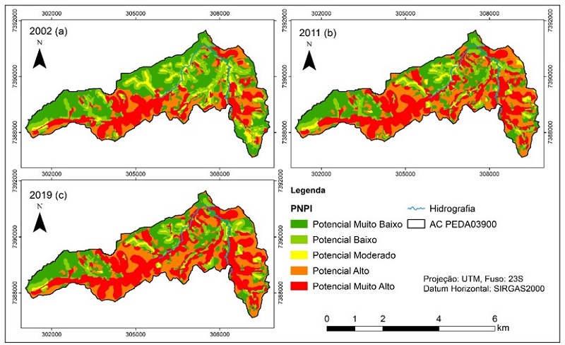 - Distribui&ccedil;&atilde;o espacial do potencial de polui&ccedil;&atilde;o difusa (PNPI) na &aacute;rea de contribui&ccedil;&atilde;o (AC) PEDA03900 em 2002 (a), 2011 (b) e 2019 (c). Fonte: Elaborado pelos autores.
