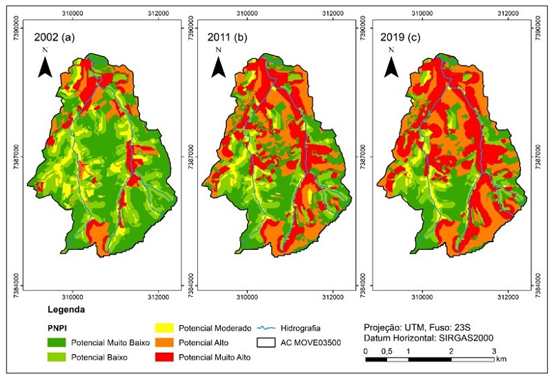 - Distribui&ccedil;&atilde;o espacial do potencial de polui&ccedil;&atilde;o difusa (PNPI) na &aacute;rea de contribui&ccedil;&atilde;o (AC) MOVE03500 em 2002 (a), 2011 (b) e 2019 (c). Fonte: Elaborado pelos autores.