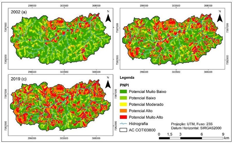 - Distribui&ccedil;&atilde;o espacial do potencial de polui&ccedil;&atilde;o difusa (PNPI) na &aacute;rea de contribui&ccedil;&atilde;o (AC) COTI03800 em 2002 (a), 2011 (b) e 2019 (c). Fonte: Elaborado pelos autores.