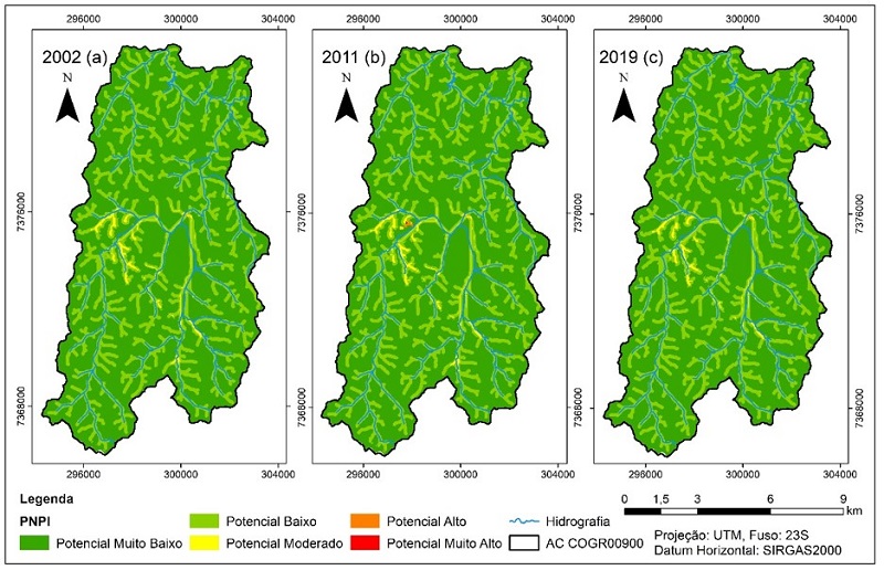 - Distribui&ccedil;&atilde;o espacial do potencial de polui&ccedil;&atilde;o difusa (PNPI) na &aacute;rea de contribui&ccedil;&atilde;o (AC) COGR00900 em 2002 (a), 2011 (b) e 2019 (c). Fonte: Elaborado pelos autores.