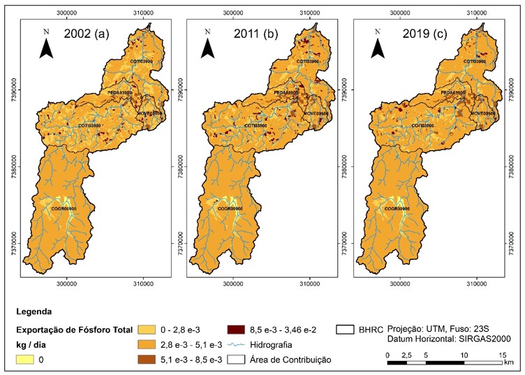 &ndash; Distribui&ccedil;&atilde;o espacial do F&oacute;sforo Total (FT) em 2002 (a), 2011 (b) e 2019 (c). Fonte: Elaborado pelos autores.