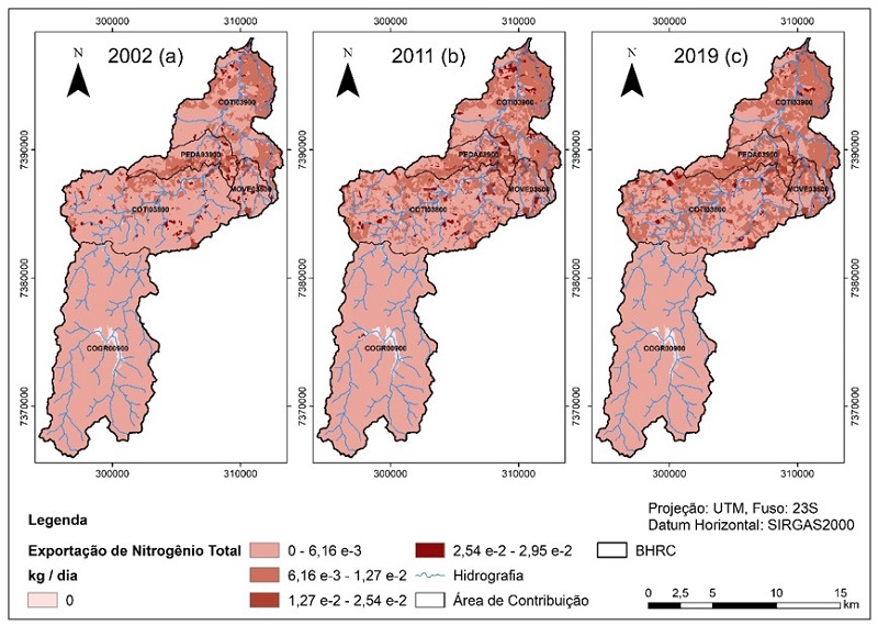 &ndash; Distribui&ccedil;&atilde;o espacial do Nitrog&ecirc;nio Total (NT) em 2002 (a), 2011 (b) e 2019 (c). Fonte: Elaborado pelos autores.