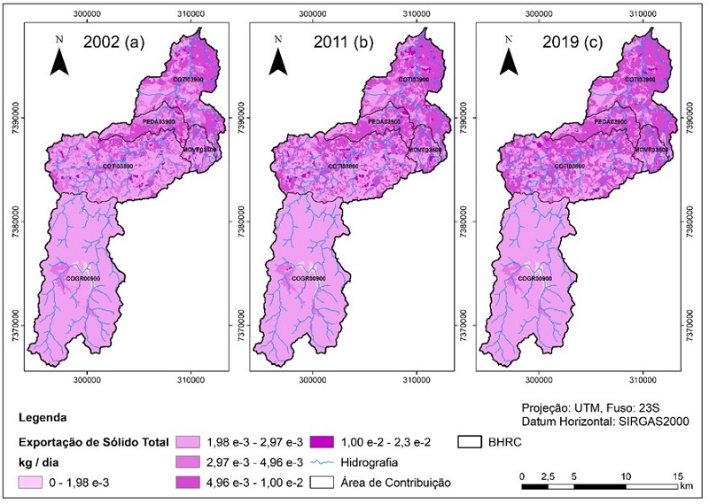 &ndash; Distribui&ccedil;&atilde;o espacial de S&oacute;lidos Suspensos Totais (SST) em 2002 (a), 2011 (b) e 2019 (c). Fonte: Elaborado pelos autores.