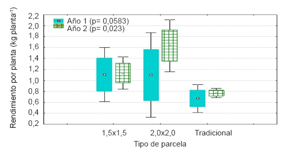 Rendimiento por
planta por tipo de parcela, a&ntilde;os 2012 y 2013